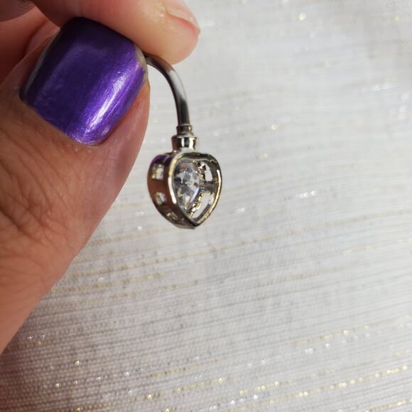 2 Belly Button Rings Zipper Pull & Crystal Heart - Picture 7 of 8